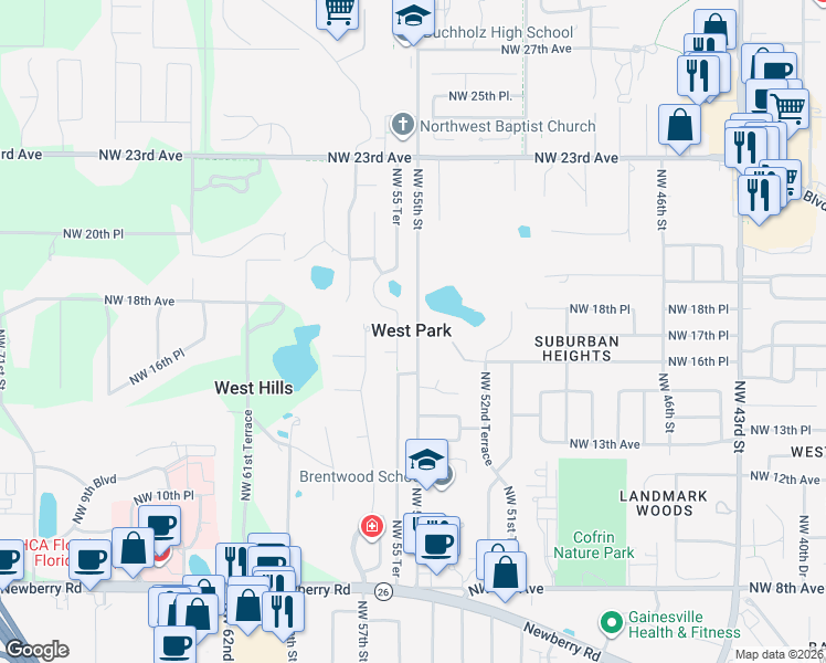 map of restaurants, bars, coffee shops, grocery stores, and more near 1720 Northwest 55th Street in Gainesville