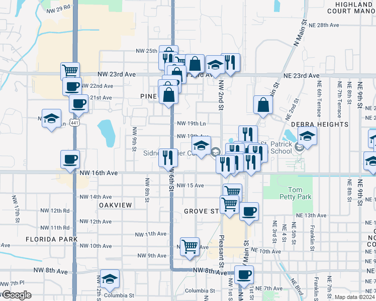 map of restaurants, bars, coffee shops, grocery stores, and more near 312 Northwest 16th Avenue in Gainesville
