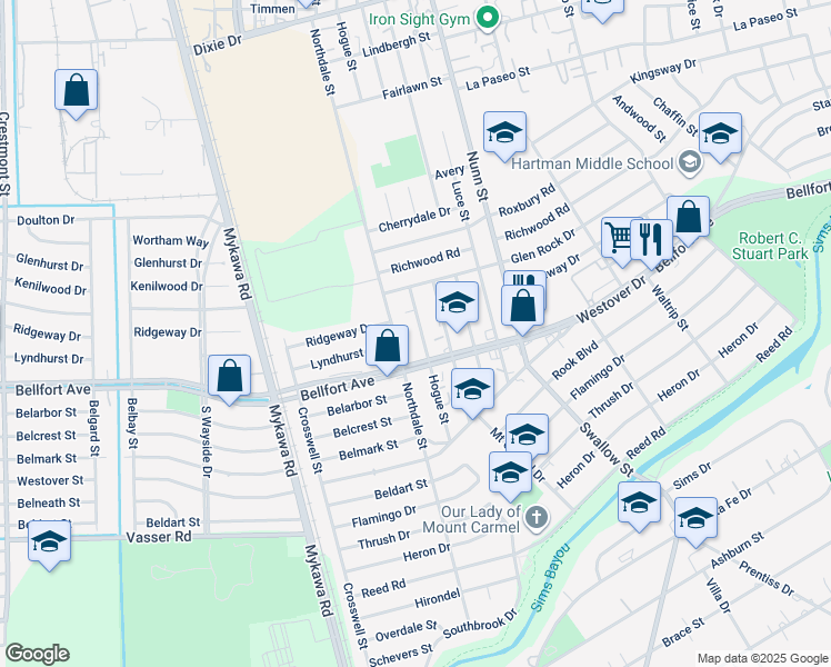 map of restaurants, bars, coffee shops, grocery stores, and more near 6524 Hogue Street in Houston