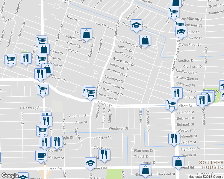 map of restaurants, bars, coffee shops, grocery stores, and more near 5206 Windemere Street in Houston
