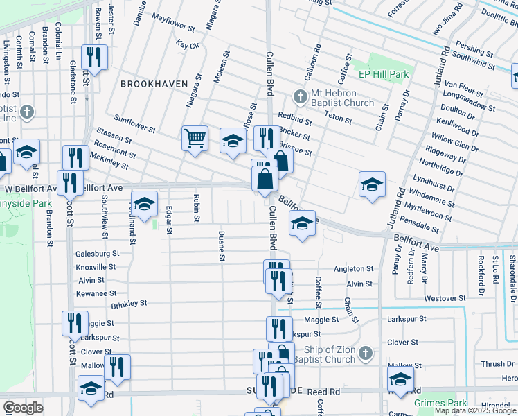 map of restaurants, bars, coffee shops, grocery stores, and more near 8529 Amadwe Street in Houston