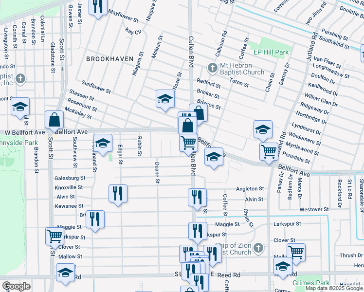 map of restaurants, bars, coffee shops, grocery stores, and more near 8529 Amadwe Street in Houston
