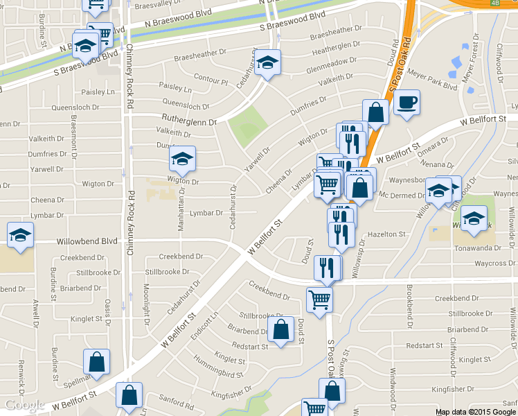 map of restaurants, bars, coffee shops, grocery stores, and more near 5126 Lymbar Drive in Houston