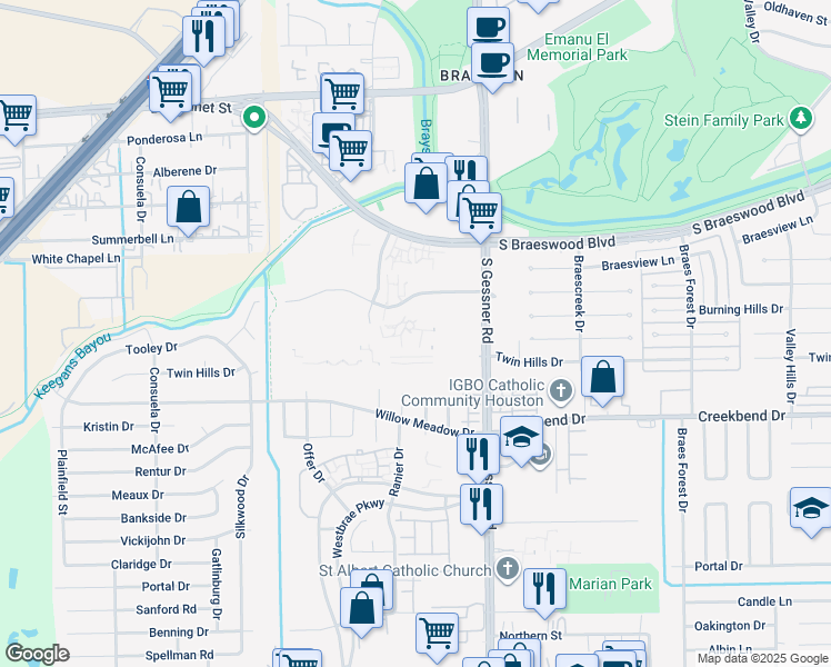 map of restaurants, bars, coffee shops, grocery stores, and more near Unnamed Road in Houston