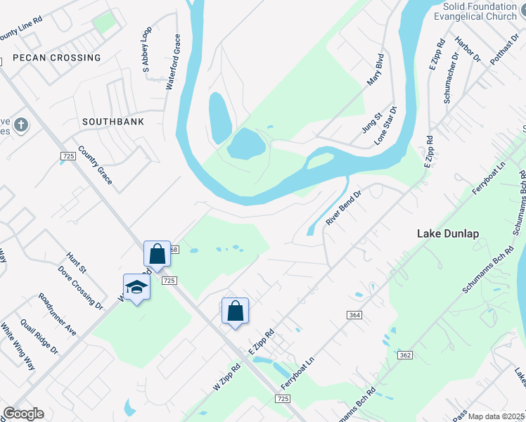 map of restaurants, bars, coffee shops, grocery stores, and more near 361 East Klein Road in New Braunfels