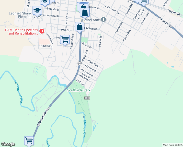 map of restaurants, bars, coffee shops, grocery stores, and more near 205 Parkview Street in Luling