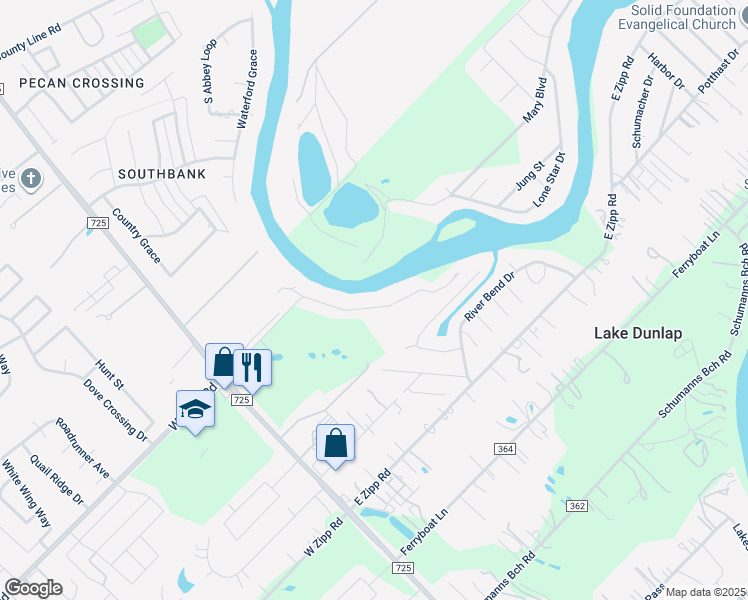 map of restaurants, bars, coffee shops, grocery stores, and more near 361 East Klein Road in New Braunfels