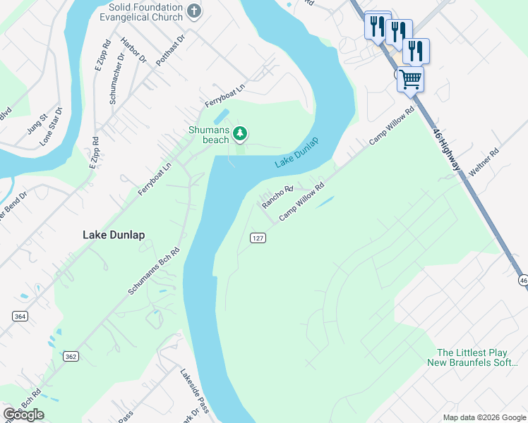 map of restaurants, bars, coffee shops, grocery stores, and more near 340 Rancho Rd in New Braunfels