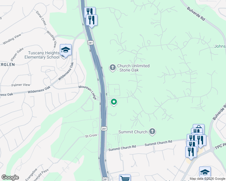 map of restaurants, bars, coffee shops, grocery stores, and more near 24442 U.S. Highway 281 North in San Antonio