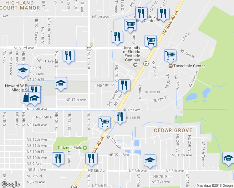 map of restaurants, bars, coffee shops, grocery stores, and more near 1815 Northeast 16th Way in Gainesville