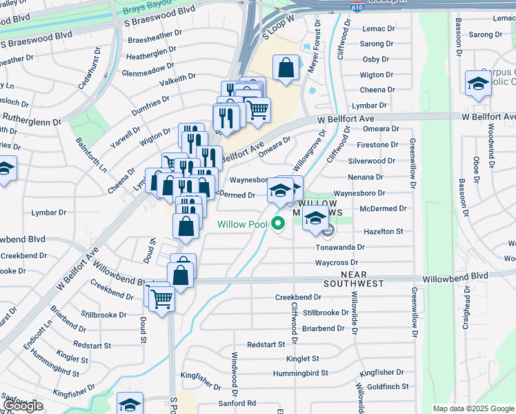 map of restaurants, bars, coffee shops, grocery stores, and more near 4806 Knickerbocker Street in Houston