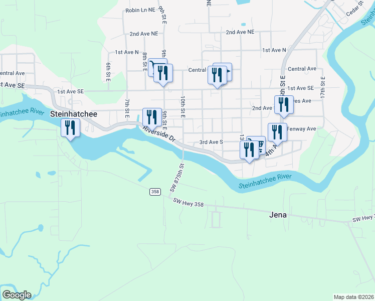 map of restaurants, bars, coffee shops, grocery stores, and more near 1008 Riverside Drive in Perry
