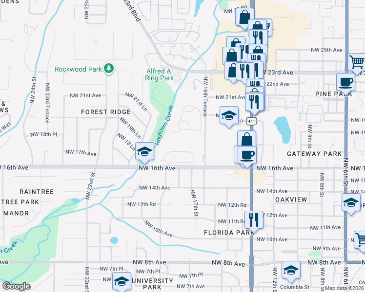 map of restaurants, bars, coffee shops, grocery stores, and more near 1722 Northwest 17 Lane in Gainesville