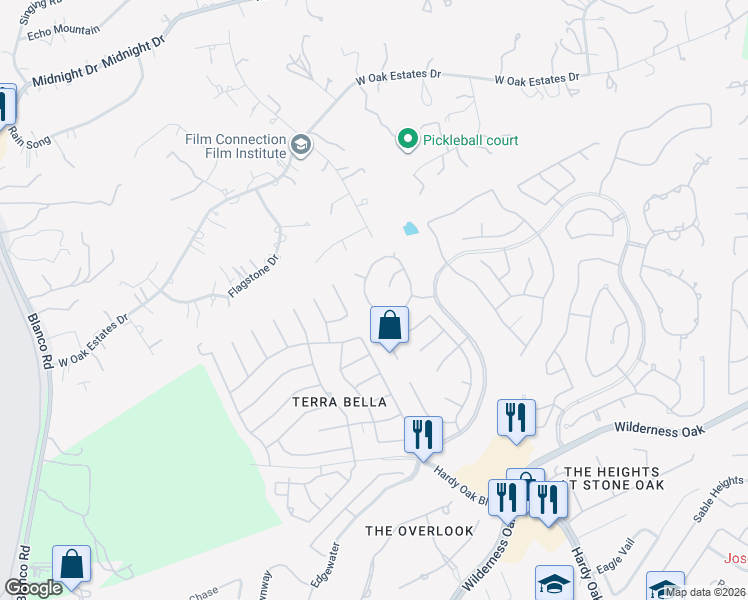 map of restaurants, bars, coffee shops, grocery stores, and more near 26318 Cuyahoga Circle in San Antonio