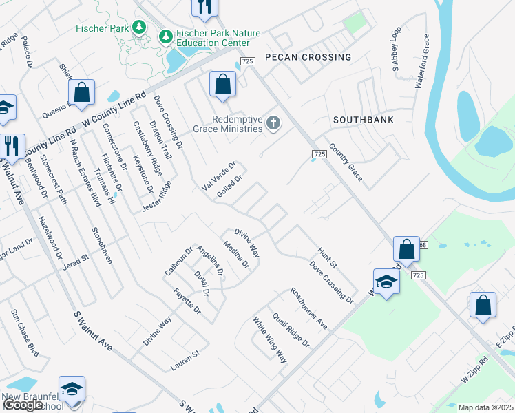 map of restaurants, bars, coffee shops, grocery stores, and more near 220 San Saba Drive in New Braunfels