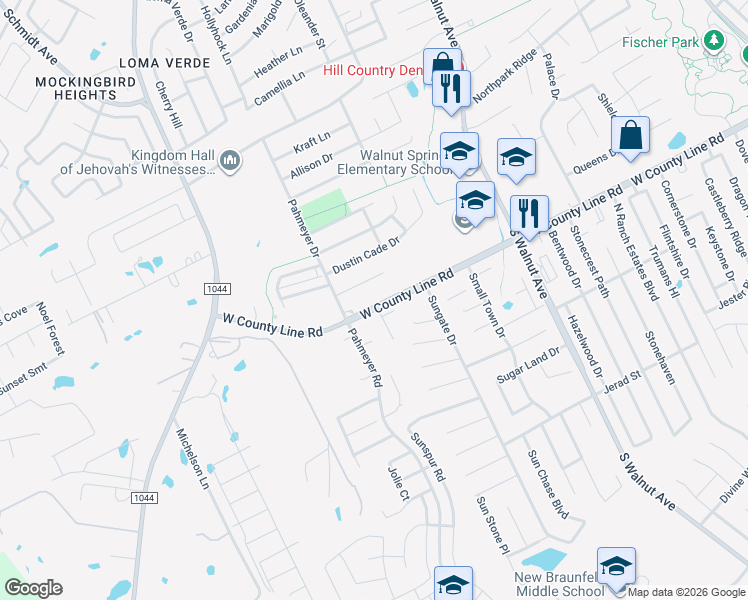map of restaurants, bars, coffee shops, grocery stores, and more near 1668 West County Line Road in New Braunfels