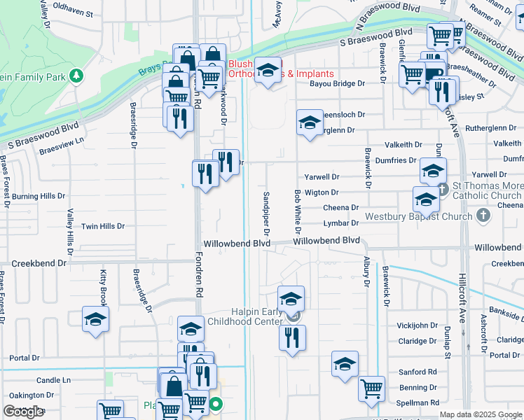 map of restaurants, bars, coffee shops, grocery stores, and more near 6782 Sandpiper Drive in Houston