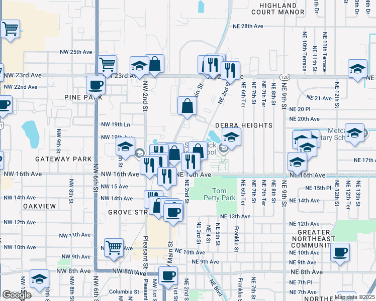 map of restaurants, bars, coffee shops, grocery stores, and more near 1739 North Main Street in Gainesville