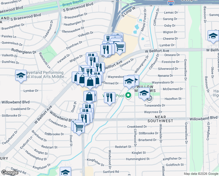 map of restaurants, bars, coffee shops, grocery stores, and more near 4834 Knickerbocker Street in Houston