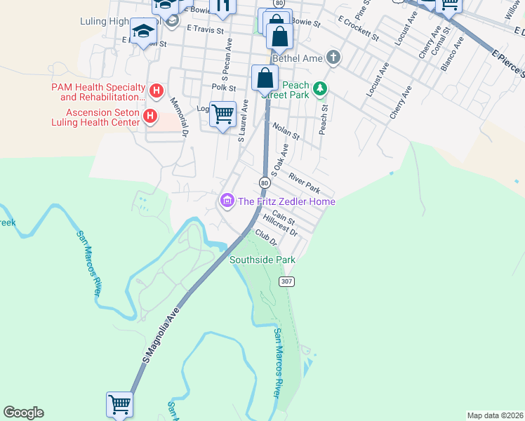 map of restaurants, bars, coffee shops, grocery stores, and more near 893 Texas 80 in Luling