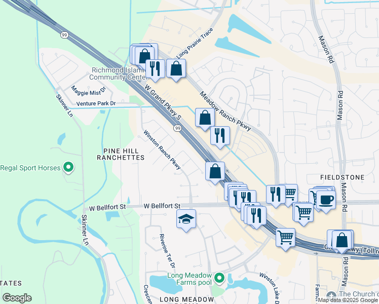 map of restaurants, bars, coffee shops, grocery stores, and more near 7411 Lone Star Junction Street in Richmond