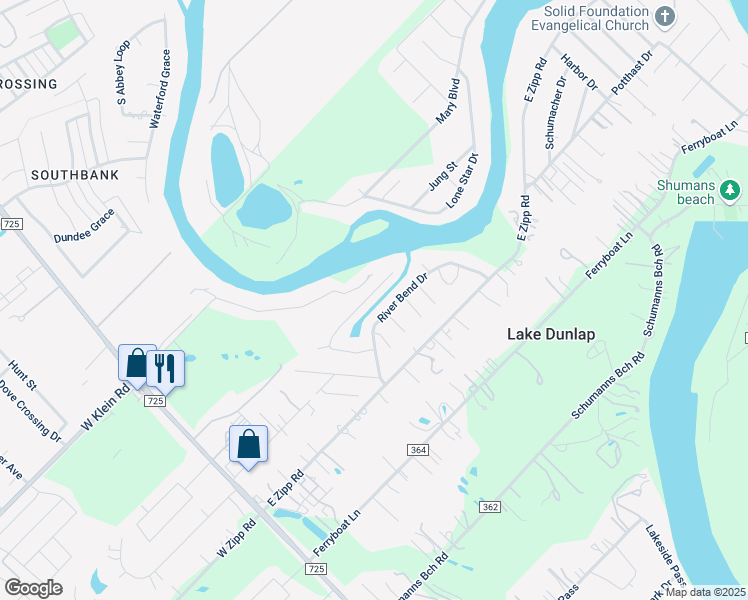 map of restaurants, bars, coffee shops, grocery stores, and more near 389 River Bend Drive in New Braunfels