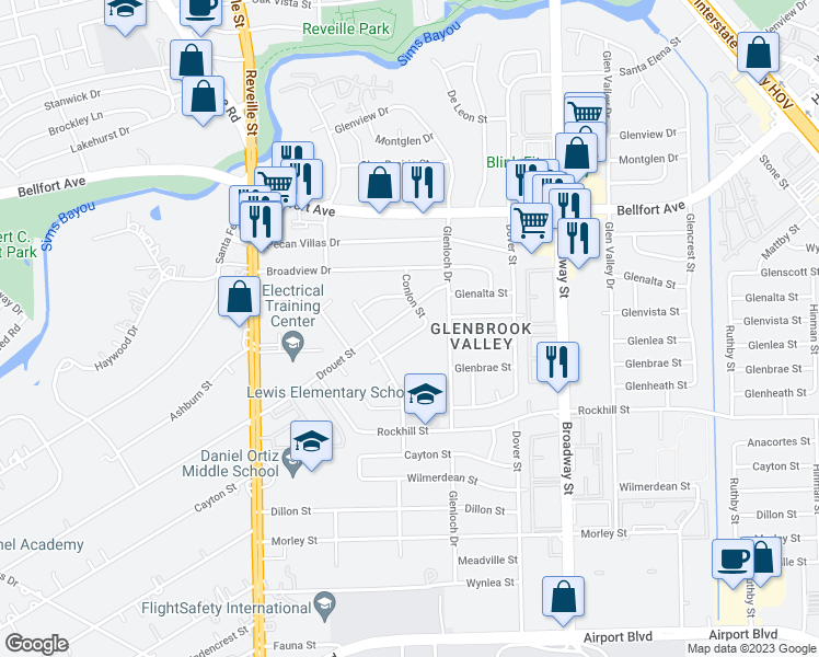 map of restaurants, bars, coffee shops, grocery stores, and more near 7627 Glenvista Street in Houston