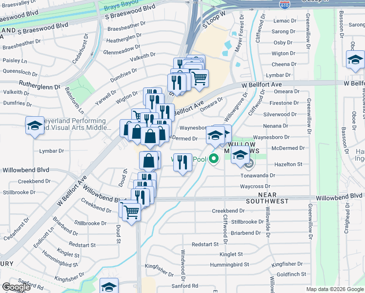 map of restaurants, bars, coffee shops, grocery stores, and more near 4834 Knickerbocker Street in Houston