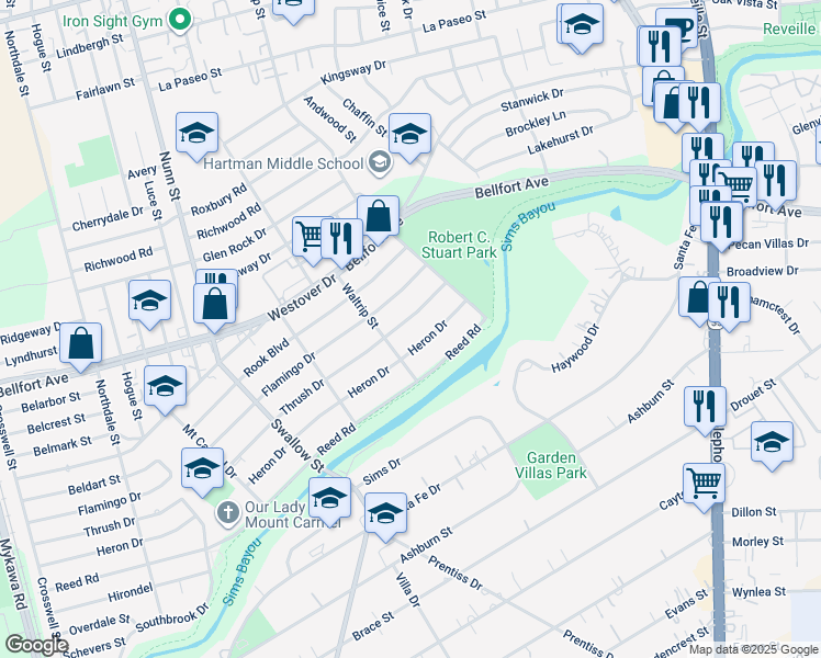 map of restaurants, bars, coffee shops, grocery stores, and more near 7122 Thrush Drive in Houston