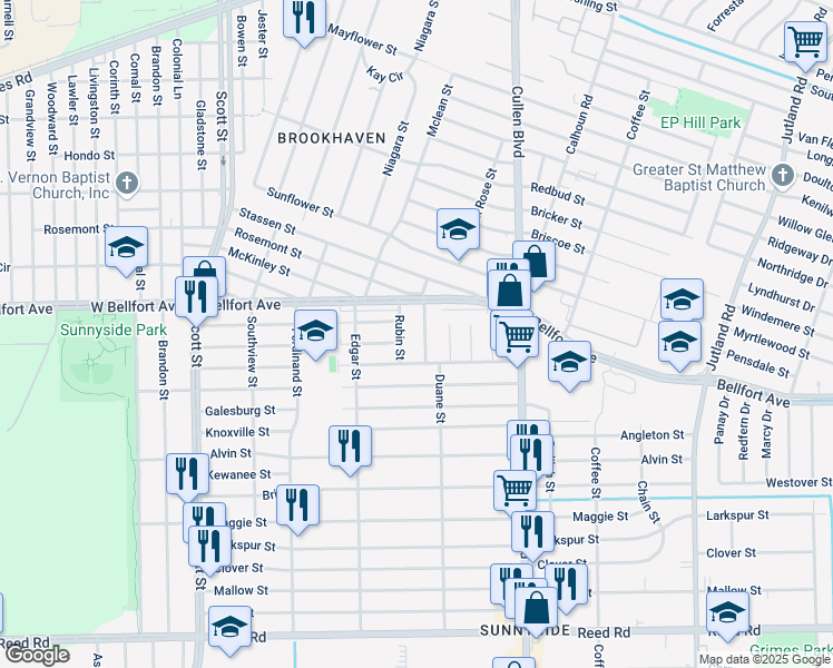 map of restaurants, bars, coffee shops, grocery stores, and more near 8414 Safeguard Street in Houston