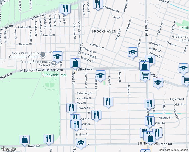 map of restaurants, bars, coffee shops, grocery stores, and more near 4330 Bellfort Avenue in Houston