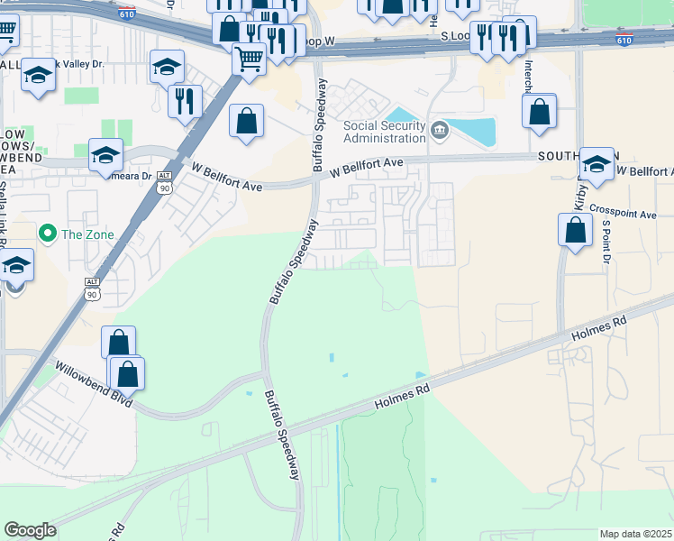 map of restaurants, bars, coffee shops, grocery stores, and more near 2812i Grand Fountains Drive in Houston