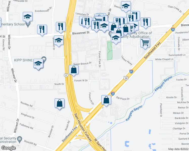 map of restaurants, bars, coffee shops, grocery stores, and more near 10110 Forum West Drive in Houston