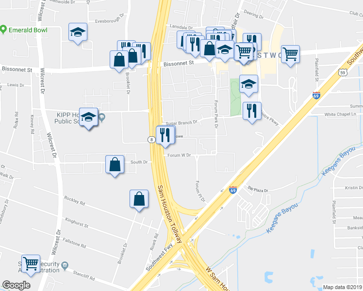 map of restaurants, bars, coffee shops, grocery stores, and more near 10210 Forum West Drive in Houston