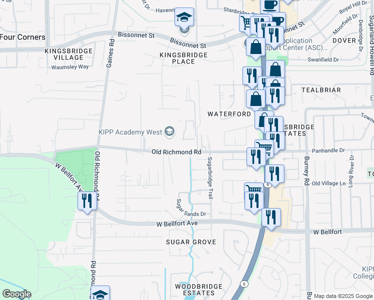 map of restaurants, bars, coffee shops, grocery stores, and more near 15010 Old Richmond Road in Sugar Land