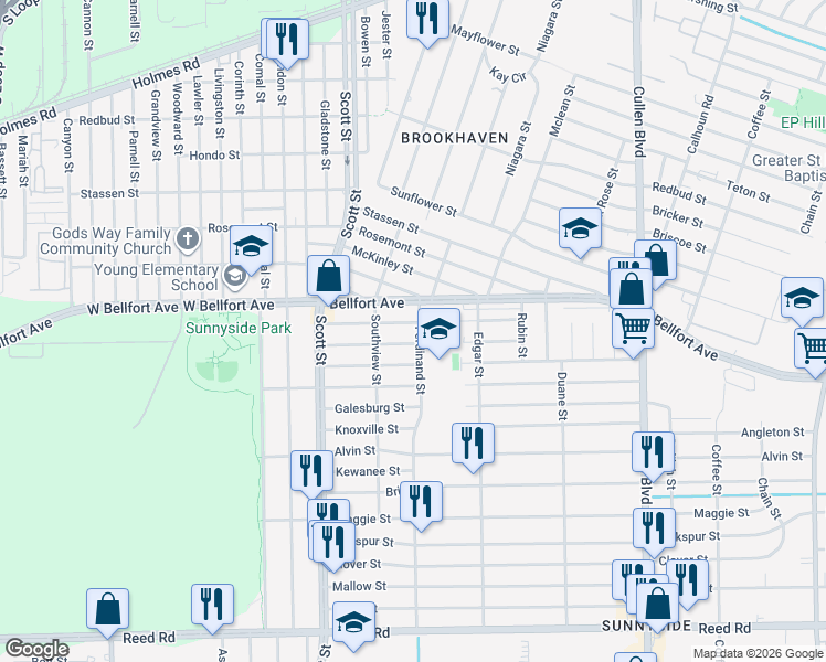map of restaurants, bars, coffee shops, grocery stores, and more near 4330 Bellfort Avenue in Houston