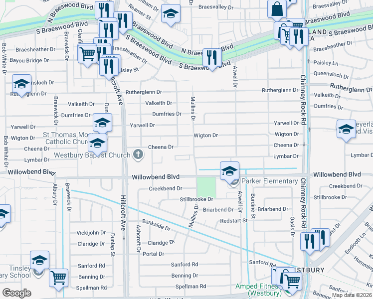 map of restaurants, bars, coffee shops, grocery stores, and more near 5711 Cheena Drive in Houston