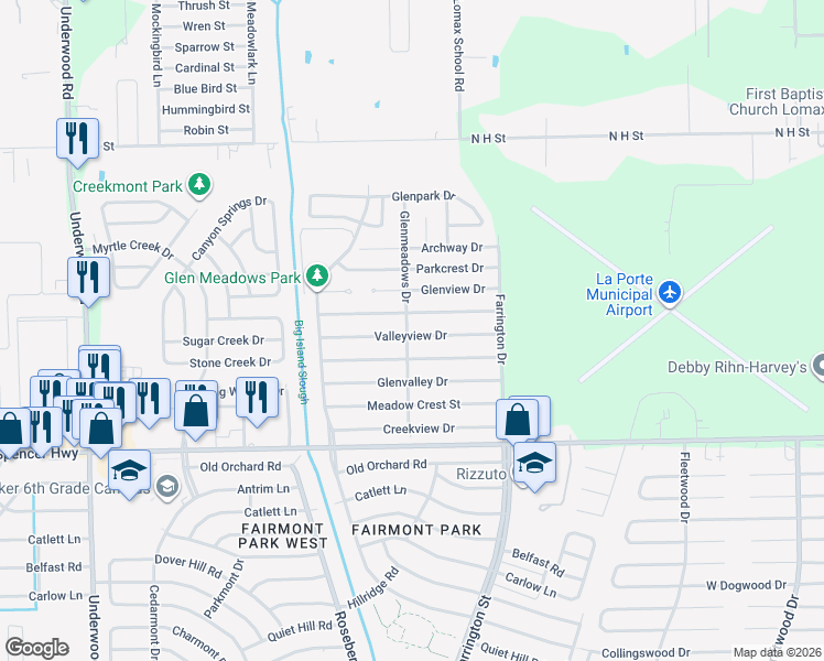 map of restaurants, bars, coffee shops, grocery stores, and more near 5034 Valleyview Drive in La Porte