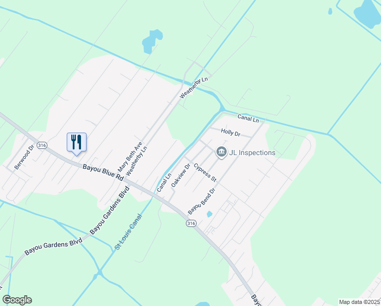 map of restaurants, bars, coffee shops, grocery stores, and more near 204 Canal Lane in Houma