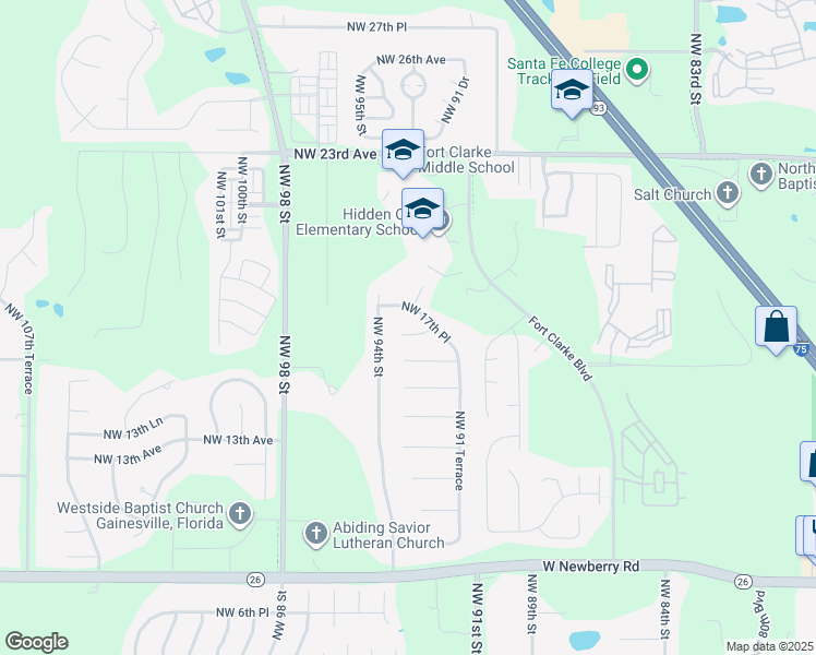 map of restaurants, bars, coffee shops, grocery stores, and more near 9324 Northwest 16th Place in Gainesville
