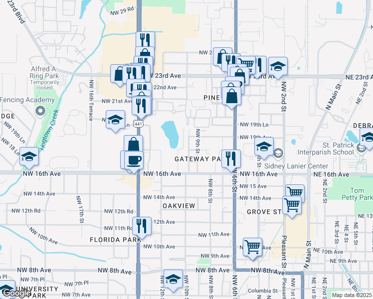 map of restaurants, bars, coffee shops, grocery stores, and more near 1800 Northwest 10th Street in Gainesville