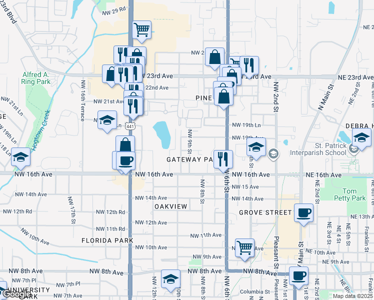 map of restaurants, bars, coffee shops, grocery stores, and more near 1800 Northwest 10th Street in Gainesville