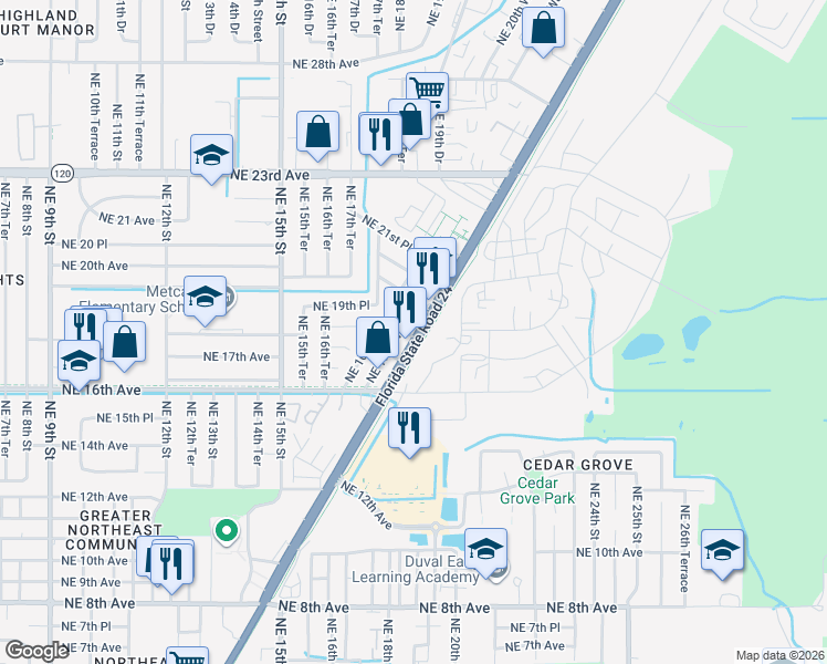 map of restaurants, bars, coffee shops, grocery stores, and more near 1826 Northeast Waldo Road in Gainesville
