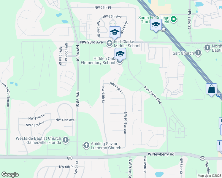 map of restaurants, bars, coffee shops, grocery stores, and more near 9324 Northwest 16th Place in Gainesville