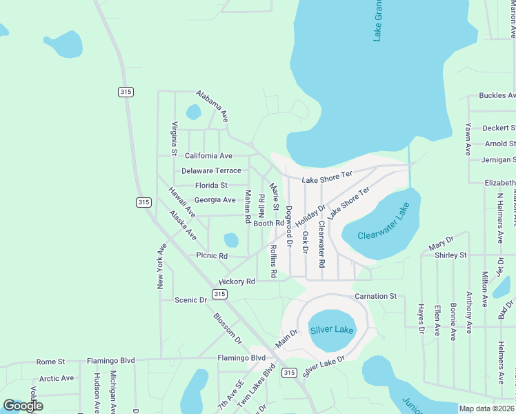 map of restaurants, bars, coffee shops, grocery stores, and more near Nell Road in Interlachen