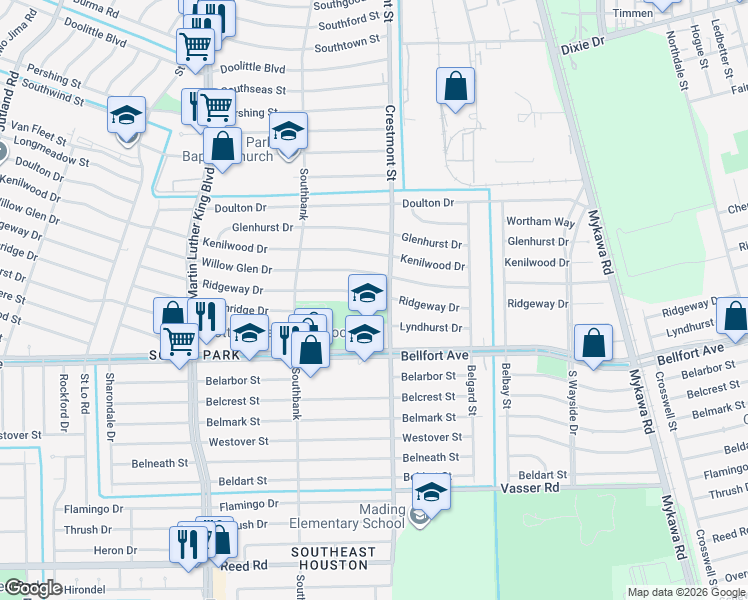 map of restaurants, bars, coffee shops, grocery stores, and more near 5958 Ridgeway Drive in Houston