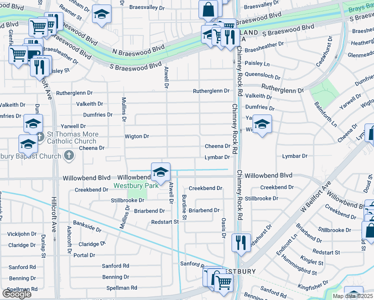 map of restaurants, bars, coffee shops, grocery stores, and more near 5519 Cheena Drive in Houston