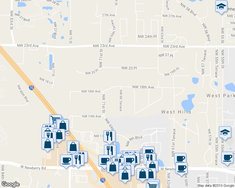map of restaurants, bars, coffee shops, grocery stores, and more near 1720 Northwest 68th Terrace in Gainesville