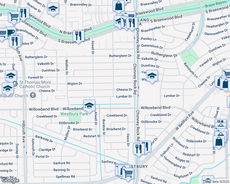 map of restaurants, bars, coffee shops, grocery stores, and more near 5447 Cheena Drive in Houston