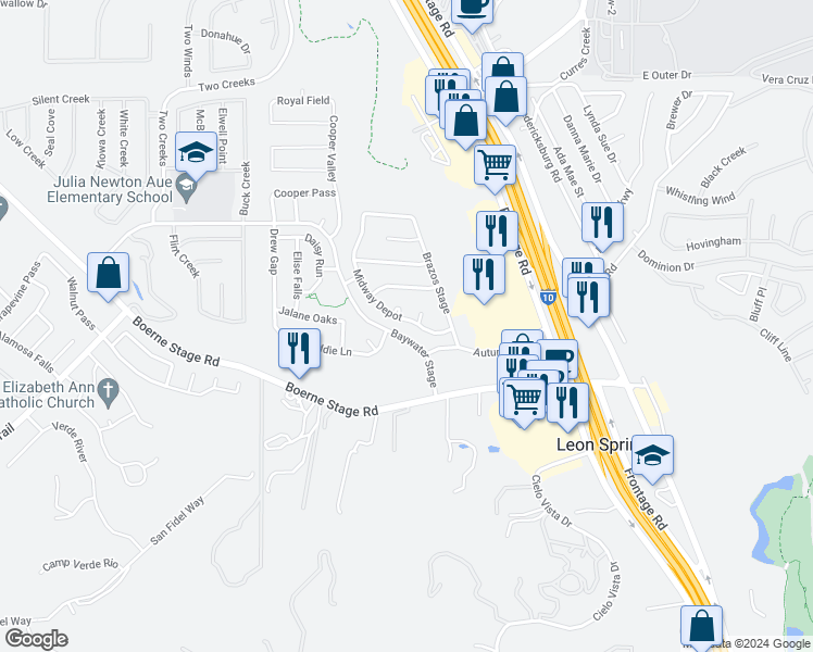 map of restaurants, bars, coffee shops, grocery stores, and more near 7912 Midway Depot in San Antonio
